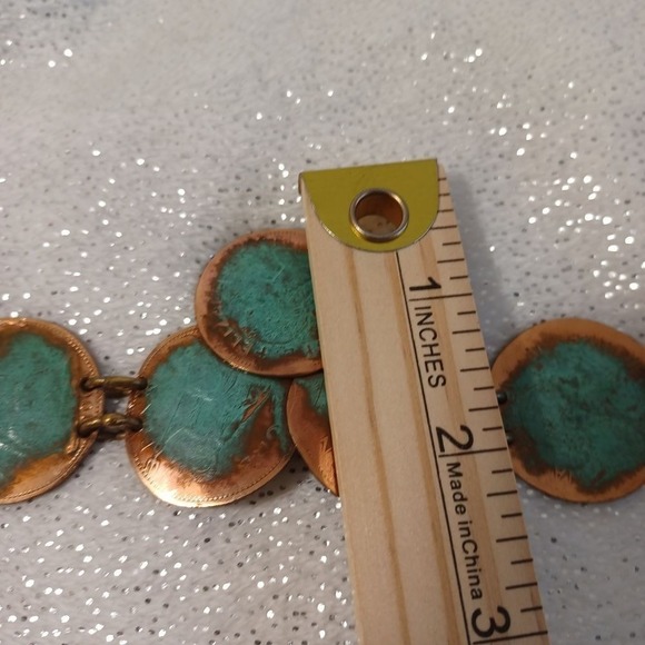 Bracelet Statement Oxidized Copper Turquoise Tone Coin Faux Bold 9" Boho Western - Picture 9 of 15
